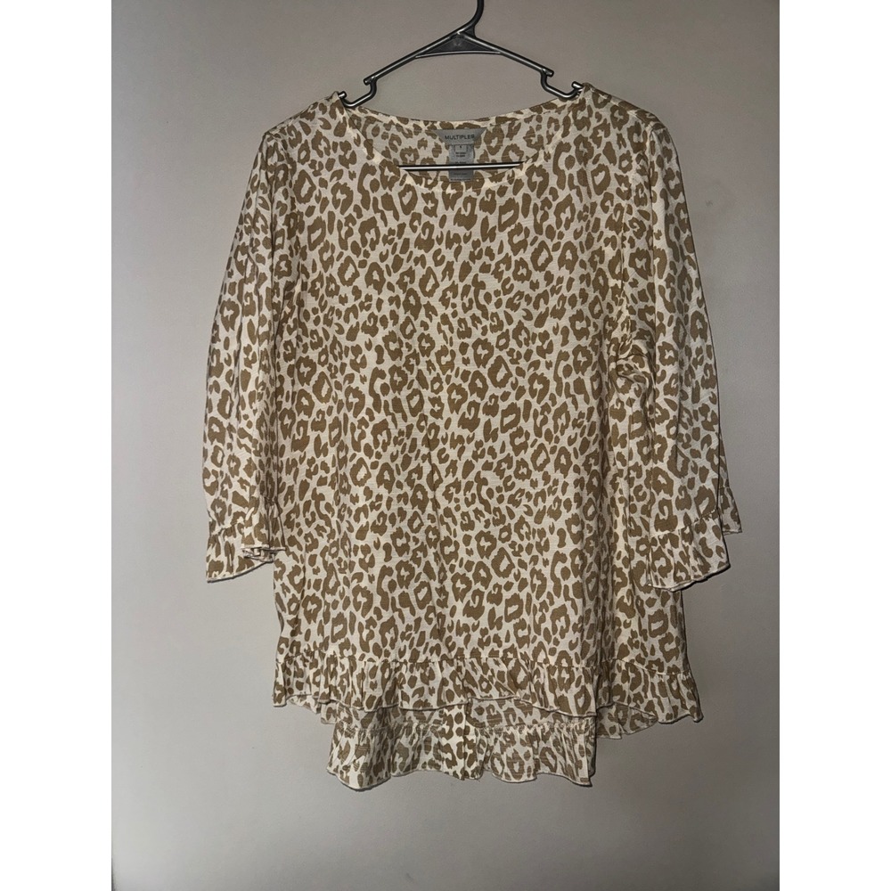 Multiples Leopard Print Ruffle Hem Button Back Top Tan White Small